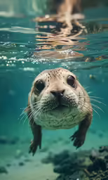 a seal under water near the rocks of the ocean