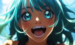 a anime girl with bright blue eyes and green hair