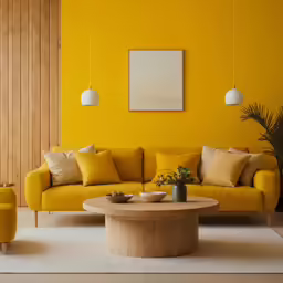 living room with yellow and beige colors and furniture