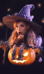 a woman in a witch costume posing with her pumpkin