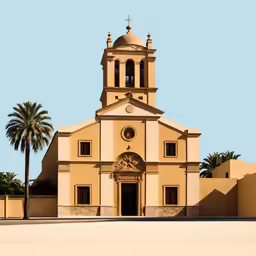 a brown building with a clock on top next to palm trees