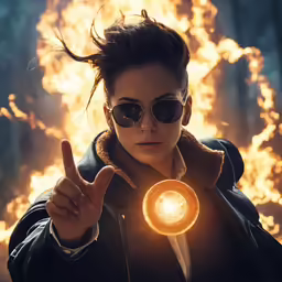 woman with dark sunglasses and black jacket holding up a round light