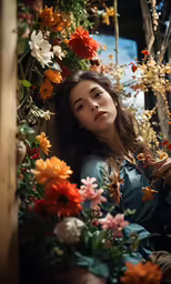 woman in blue and orange dress surrounded by flowers