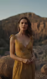 a woman wearing a yellow dress standing in a desert