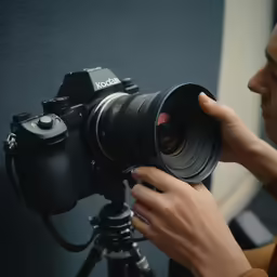 a woman in brown jacket holding up a camera