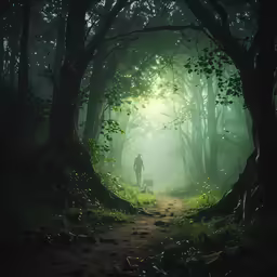 a person with a backpack standing in the woods