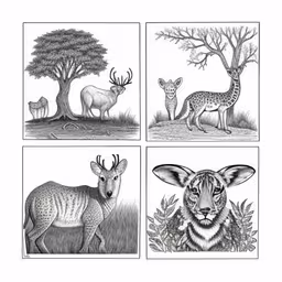 four different pictures of animals and trees,a series of four drawings featuring various animals