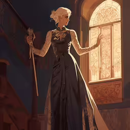 an illustration of a woman in dress holding a staff and looking out the window,a woman in a long dress stands on stairs