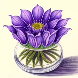 a drawing of a vase with purple flowers,drawing purple flowers in a bowl with water on the floor,a drawing of a large purple flower in a small vase,an oil painting of purple flowers in a glass vase,a colored picture of purple flowers inside a glass bowl