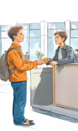 a young man is greeting another man at a window