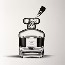 a black and white painting of an cologne bottle