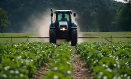 a tractor driving through a field filled with green plants