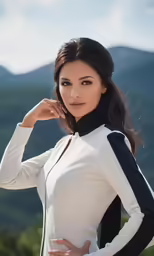 an attractive woman wearing a white and black suit with long sleeves
