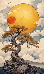 a painting of a tree in the middle of water
