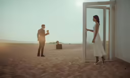 a man and woman stand at an open door to the desert