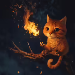 an orange cat on a stick on top of fire