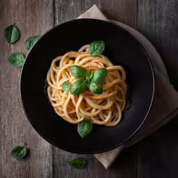a black plate filled with pasta and herbs