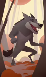 an animated cartoon wolf with red eyes running through the woods