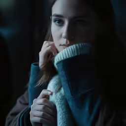 young woman wearing coat in dark lit room