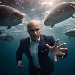 man in suit reaching out to sharks swimming in the ocean