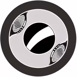 two tennis rackets sit on top of a plate,a black and white illustration of a tennis racket,the abstract black and white tennis logo on an isolated disc,tennis racquets on a white circle,a tennis ball on a white and black design