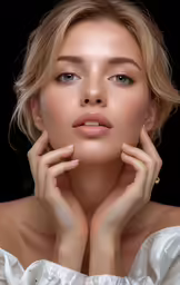 a beautiful woman posing in white with her hands on her face