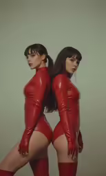 two woman in red costumes and tight boots