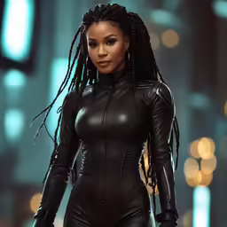 a woman in a cat suit is walking down the runway