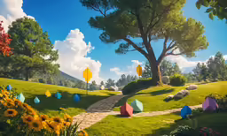 a grassy hill with many trees and umbrellas