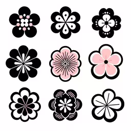 nine colorful flower designs that are all arranged,six flowers in black and pink on a white background