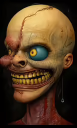 a creepy zombie with a strange nose and protruding jaw