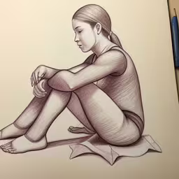 a pencil drawing of a woman sitting on a paper,this pencil drawing shows a young female in seated pose