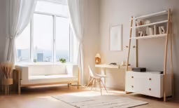 a room with a large window and a white couch