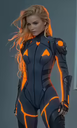 an 3d model with bright glowing skin in grey catsuit