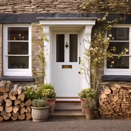 a white front door sitting next to some big logs,a white door surrounded by potted plants and logs
