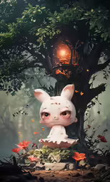 an animated rabbit sitting under a tree with the light behind it
