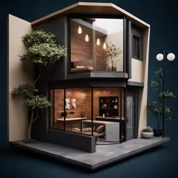 modern house with trees and lights on the outside