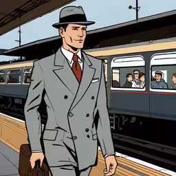 a man in a suit and hat walking on the side walk,a man in a suit and tie waiting on a subway train