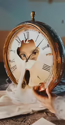 a woman holding up a clock that has an apple cut out in the face