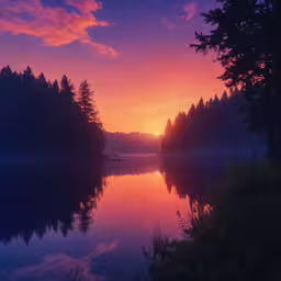the sun rises on a purple - toned sky over trees and water