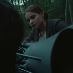 the woman looks through a pair of binoculars