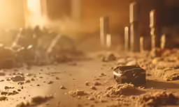 an old bottle lies on the dirt near trash cans