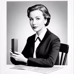 an old photograph of a woman holding her cell phone