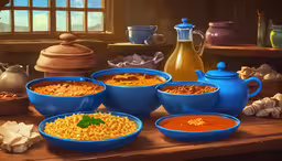 a painting with bowls of different foods and spices on a table,a painting of different pasta dishes in a bowl and a bowl of sauce in two blue bowls