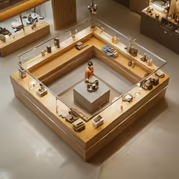 a room with tables and a display of items