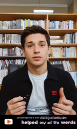the man is giving thumbs up with bookshelves behind him