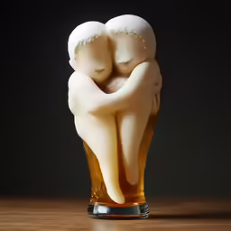 a couple is hugging on a beer glass
