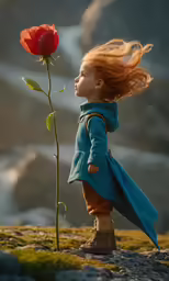 red haired doll standing next to a single red flower