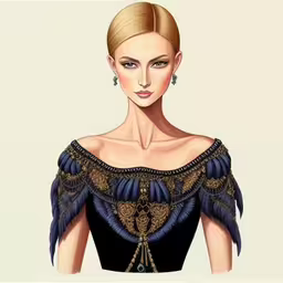 a digital painting of a woman with very elaborate clothing,an artistic fashion illustration of a woman with hair in a high bun,a woman with blonde hair wearing black dress and holding an elegant blue piece,a model with an elegant headpiece in an ornate dress,an image of a painting with a woman in a dress