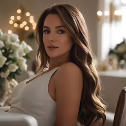 a beautiful woman wearing a white top in front of a vase of flowers